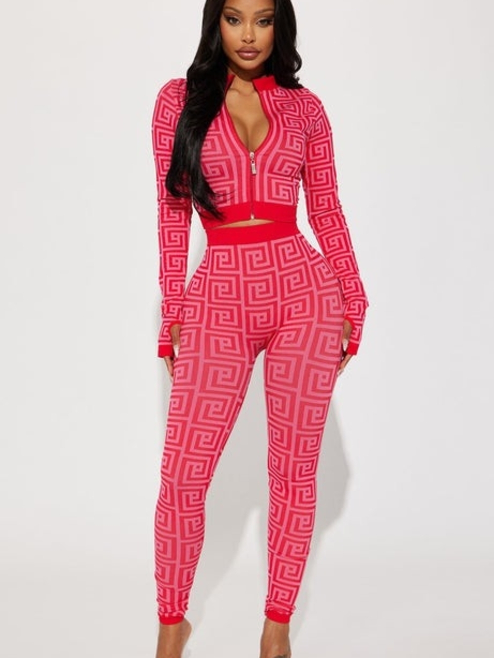 Pink Geometric Zip-Front Pants Suit